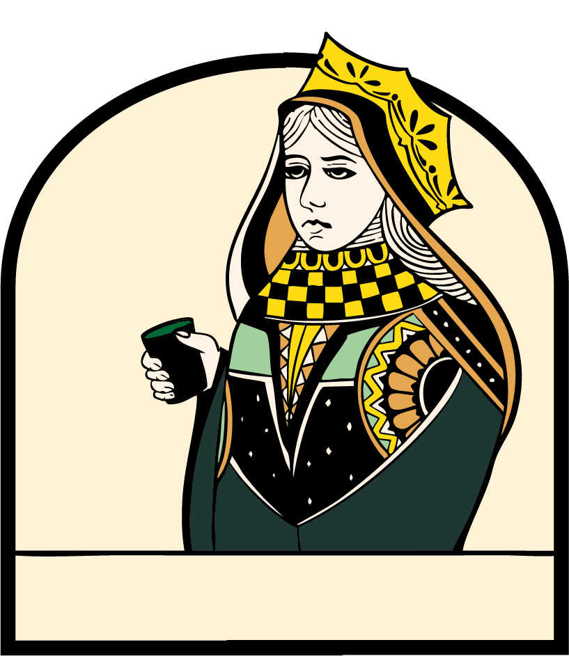 Animated illustration: a regal figure stands inside an archway as letter tiles appear on the shelf below to spell ‘LET’S PLAY’